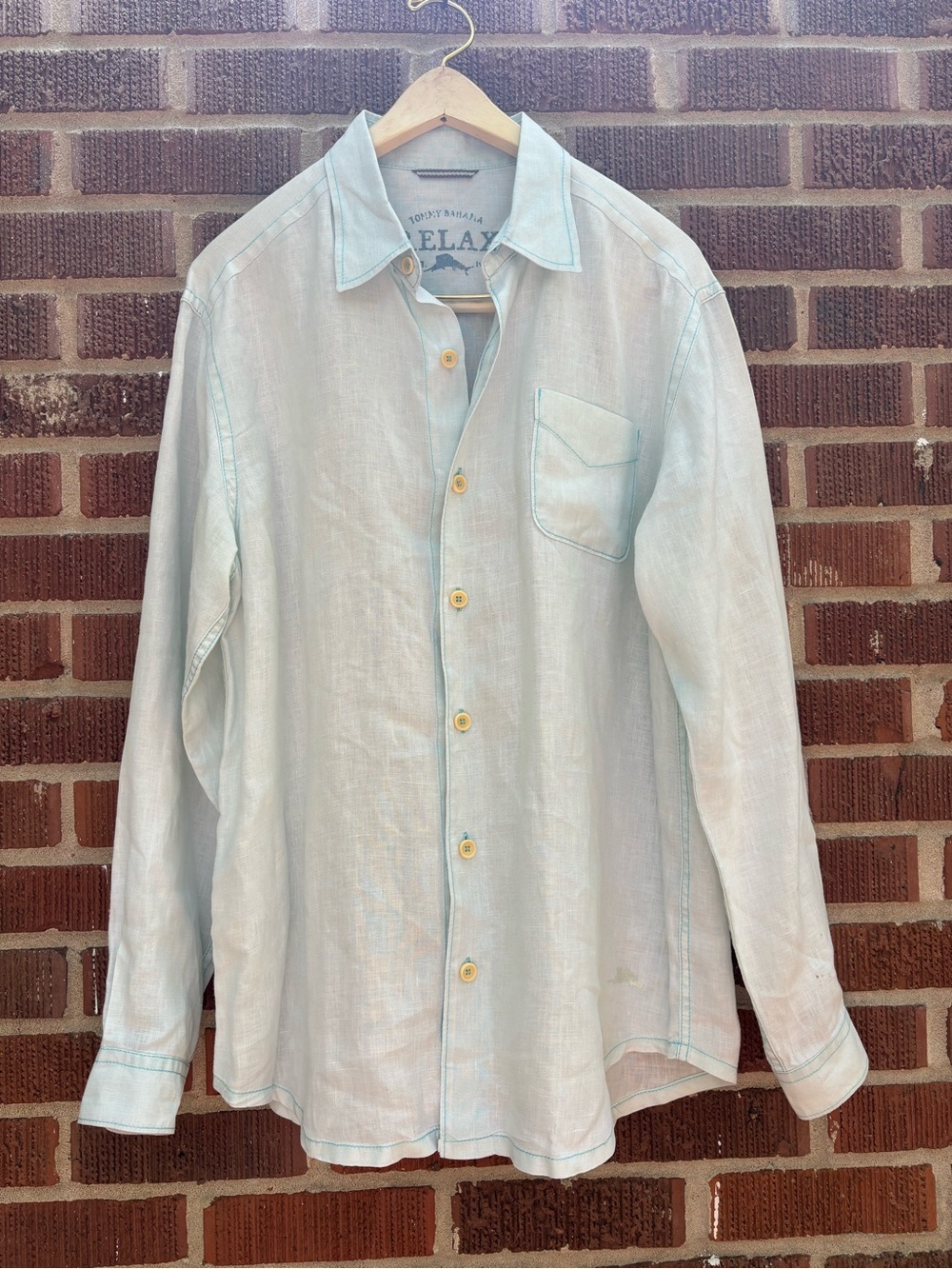 Tommy Bahama Relax Mens M Green 100% Linen Long Sleeve Button Up Beach Shirt